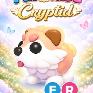 Könnte beinhalten: Eine digitale Illustration mit einer cartoonartigen Kreatur mit hellbraunem und weißem Körper, großen schwarzen Augen und einer rosa Zunge. Das Bild enthält den Text "FLY and RIDE Cryptids" in einer farbenfrohen, stilisierten Schriftart sowie die Buchstaben "FR" in blauen und rosa Kreisen.