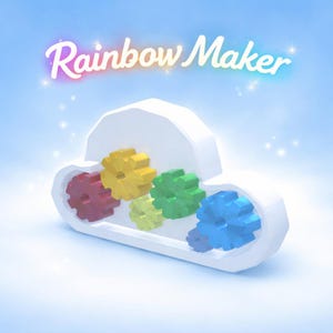 Puede incluir: Una representación 3D de un objeto en forma de nube blanca con engranajes coloridos en su interior. Los engranajes son rojos, amarillos, verdes y azules. El texto "Rainbow Maker" está escrito encima de la nube en cursiva.