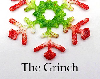 Glass Snowflake Ornament-Jackson Glass Mill-The Grinch-White with Red and Moss Green-Handmade Ornament-Winter Suncatcher-Icy Snowflake