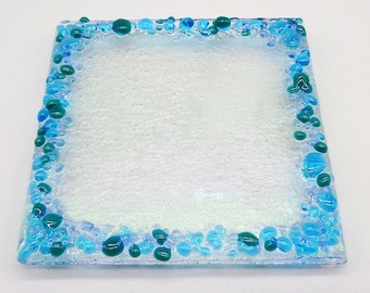 Glass Coasters-Jackson Glass Mill-Candle Holder-Iridescent Clear Glass with Blue and Peacock Green-Sparkling Water-4 Inch Square-Fused Glass