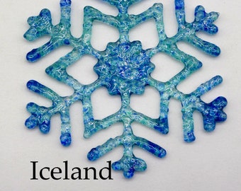 Glass Snowflake Ornament-Jackson Glass Mill-Iceland-Clear with Aqua, Teal, and Cobalt Blue-Handmade Ornament-Winter Suncatcher-Icy Snowflake