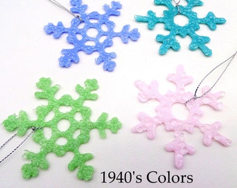 Glass Snowflake Ornaments-Jackson Glass Mill-1940s Colors-4 Small Handmade Ornaments-Periwinkle, Pink, Turquoise, Jadeite-Winter Suncatchers