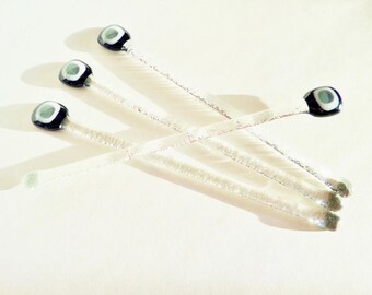 Fused Glass Swizzle Sticks - Mod Retro Style Barware - Glass Drink Stirrers - Sparkly Black, White, Gray