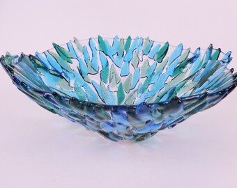 Decorative Blue Green Yellow White and Clear Starburst Bowl Handcrafted Fused Glass
