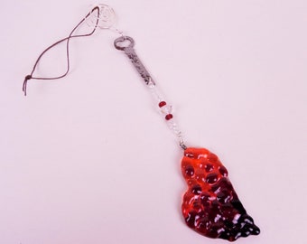 Handcrafted Fused Glass Suncatcher The Key To My Heart Red Orange Vintage Heart Key Glass Beads