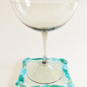 Glass Coasters Fused Glass with Aqua Blue Sea Glass Green Teal Green River Waters Colors 4 Inch Square Set of 4 image 2