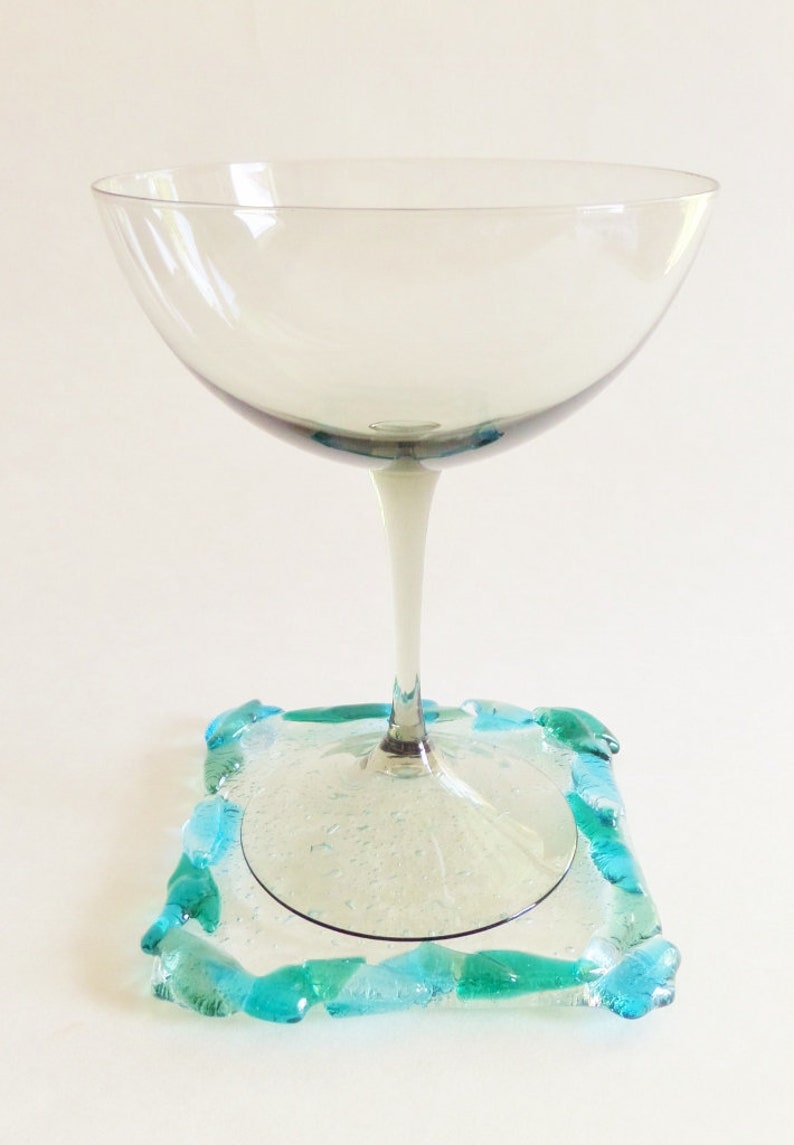 Glass Coasters Fused Glass with Aqua Blue Sea Glass Green Teal Green River Waters Colors 4 Inch Square Set of 4 image 2