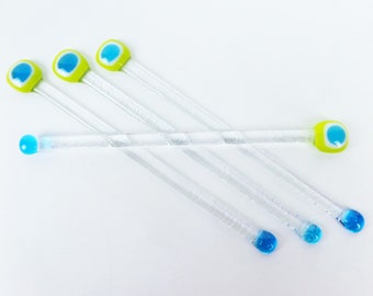 Mod Fused Glass Swizzle Sticks  Drink Stirrers  Lemongrass Green Aqua Blue and Clear Coffee Stir Drink Muddler Barware