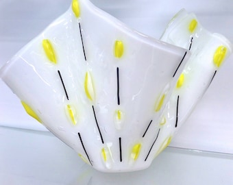 Fuse Glass Vase Mid Century Inspired Fused Art Vase Ice Bucket White with Yellow and Clear