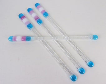 Transgender Flag Fused Glass Swizzle Sticks Stir Sticks Drink Stirrers Barware Handcrafted Pink Blue