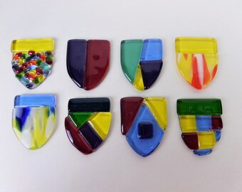 Fused Glass Pendant Cabochon Mosaic Craft Piece Knight's Shields Set of 8 Handcrafted Blue Red Purple Yellow Green COE 96