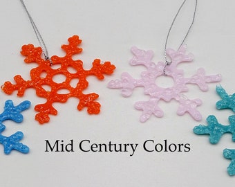 Glass Snowflake Ornaments-Jackson Glass Mill-Mid Century Colors-4 Small Handmade Ornaments-Aqua, Orange, Pink, Turquoise-Winter Suncatchers