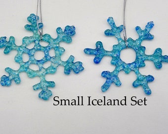 Glass Snowflake Ornaments-Jackson Glass Mill-Iceland-Clear with Aqua, Teal, Cobalt Blue-Set of 2 Small Handmade Ornaments-Winter Suncatcher