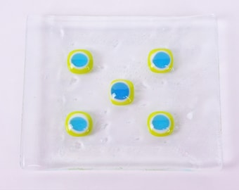 Hand Crafted Fused Glass Soap Dish for Hand Made Soap Mod Circles Lemongrass Aqua Blue on Clear