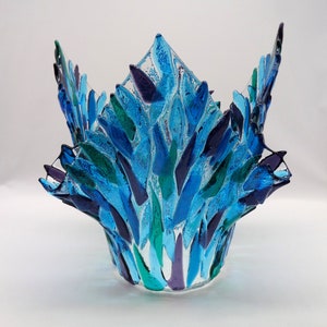 Fused Glass Ice Bucket Vase: Peacock Feather Art Glass, Aqua Teal Purple