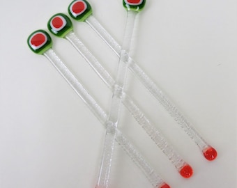 Olive Design Mod Fused Glass Holiday Swizzle Sticks Mid Century Style Drink Stirrers Coffee Stir Drink Muddler Barware Green Orange White