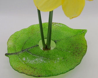 Ikebana Flower Vase Glass Leaf Design Fused Green Glass with Metal Flower Frog Handmade Mothers Day Gift