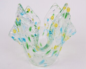 Fused Glass Vase Votive Candle Holder Clear with Blue Green Yellow Millefiori Flowers Hand Crafted Studio Art Glass 4.5" High