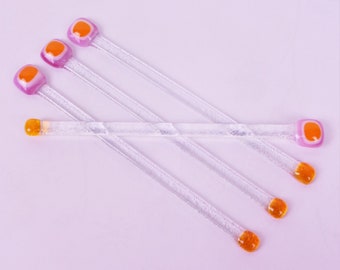 Mod Fused Glass Swizzle Sticks Drink Stirrers Pink Tangerine and Clear Coffee Stir Drink Muddler Barware