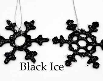 Glass Snowflake Ornament-Jackson Glass Mill-Black Ice-Black Glass with Iridescent-2 Small Handmade Ornaments-Winter Suncatcher-Icy Snowflake