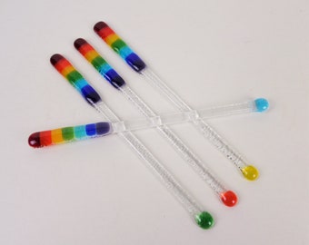 Fused Glass Swizzle Stir Stick Rainbow Colors Barware Drink Stirrers Gay Pride Flag Set of 4