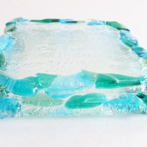 Glass Coasters Fused Glass with Aqua Blue Sea Glass Green Teal Green River Waters Colors 4 Inch Square Set of 4 image 1