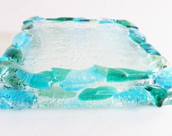 Glass Coasters Fused Glass with Aqua Blue Sea Glass Green Teal Green River Waters Colors 4 Inch Square Set of 4