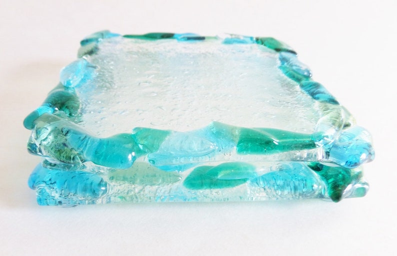 Glass Coasters Fused Glass with Aqua Blue Sea Glass Green Teal Green River Waters Colors 4 Inch Square Set of 4 image 1
