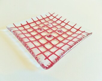 Fused Glass Lipstick Red Grid Pattern Soap Dish Bubble Design for Homemade Soap