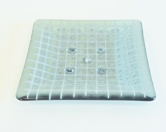 Fused Glass Bubble Soap Dish  Pale Gray with White Modern Grid Pattern For Handmade Soap
