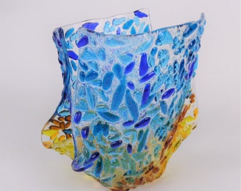 Fused Glass Candleholder Handcrafted Prairie Wheat Sky Art Glass Piece Cobalt Blue Aqua Amber Glass Pillar Candle Holder