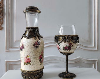 Handmade Wine Decanter Set, Vintage Style, Wine Glass, Bar Decor, Decorative Bottle, French Style Home Bar, Wine Gift