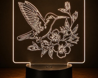 Hummingbird LED Night Light, Floral Acrylic Lamp, Bird Lover Gift, Garden Decor, Gift for Mom, Nature Lover Gift