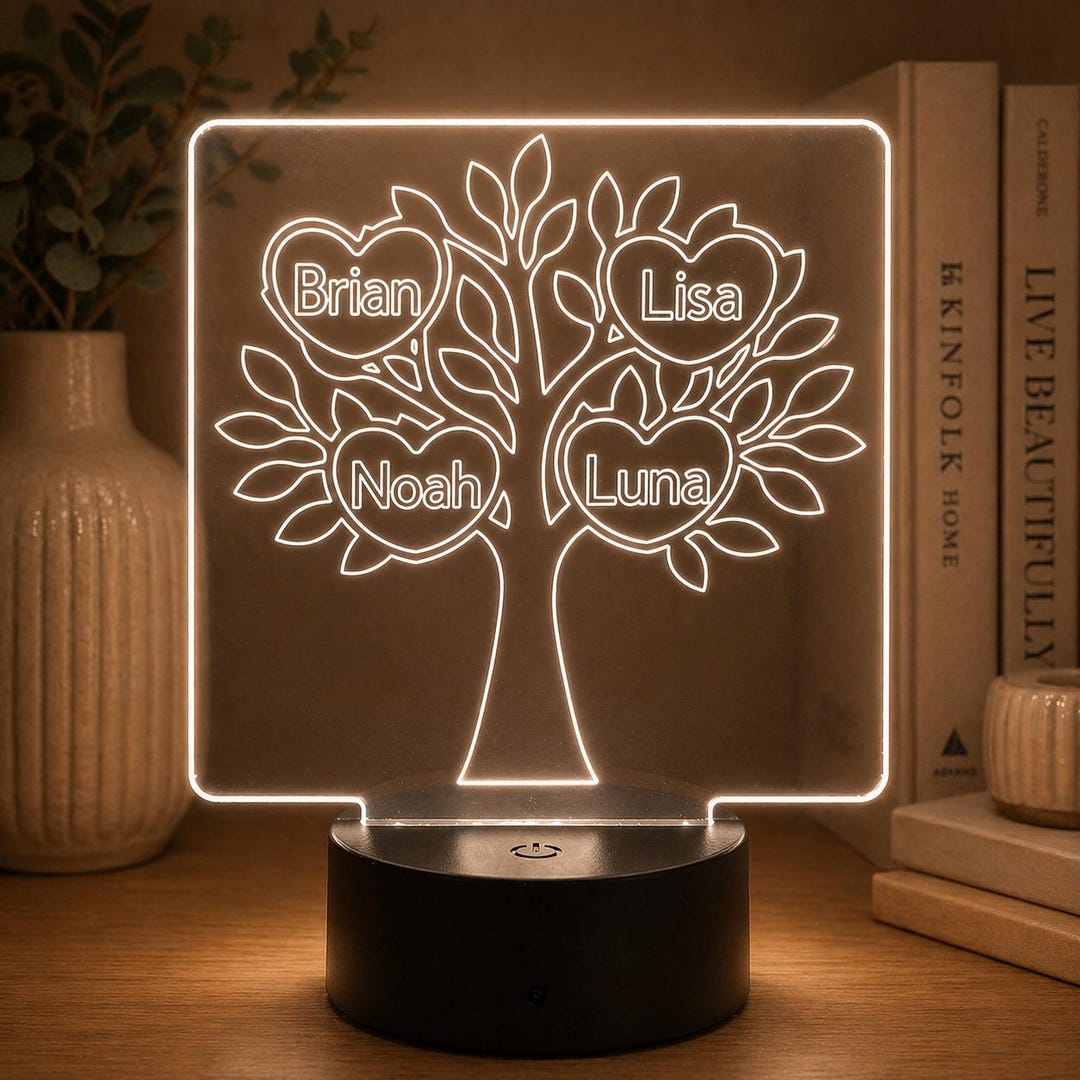 Personalized Family Tree LED Night Light, 4 Names, Custom Name Acrylic ...