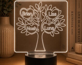 Personalized Family Tree LED Night Light, 4 names, Custom Name Acrylic Lamp, Meaningful Gift for Mom, Grandma, Family Keepsake Decor