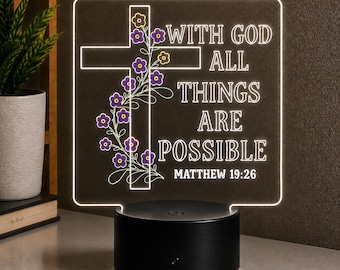Christian LED Night Light, With God All Things Are Possible, Bible Verse Lamp, Faith Gift, Religious Home Decor, Inspirational Light