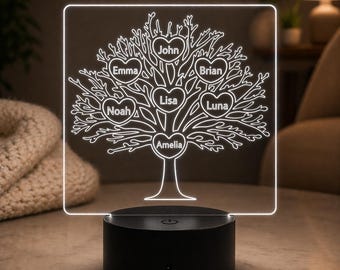 Personalized Family Tree LED Night Light, Custom Names Lamp, Family Keepsake Decor