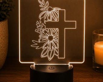 Floral Cross LED Night Light, Christian Acrylic Lamp, Faith Decor Gift, Religious Cross Light for Mom Grandma Women Decor