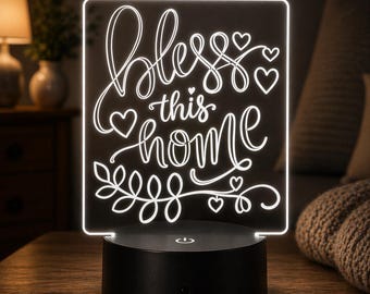 Engraved LED Light, Housewarming Gift, Bless This Home Sign, Personalized Family Decor, Cozy Night Light, New Home Gift Idea