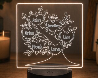 Personalized Family Tree LED Night Light, 6 names, Custom Name Acrylic Lamp, Meaningful Gift for Mom, Grandma, Family Keepsake Decor