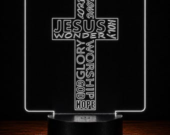 Christian Cross LED Night Light, Jesus Acrylic Lamp, Faith Gift for Women, Bible Verse Decor, Religious Home Gift