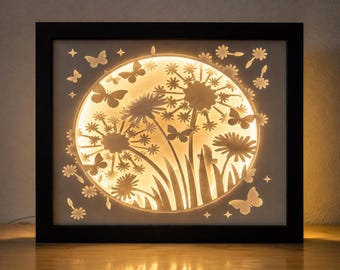 Dandelion and Butterfly LED Shadow Box, 8x10 Floral Light Decor