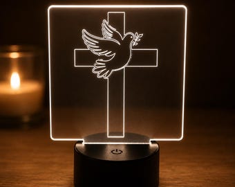 Christian Cross Dove LED Night Light, Religious Acrylic Lamp, Faith Gift, Inspirational Christian Decor, Baptism Prayer Gift for Mom Dad