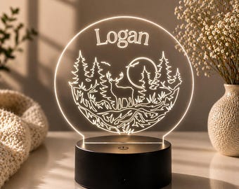 Personalized Woodland Animal Night Light, Custom Name LED Lamp, Nursery Decor