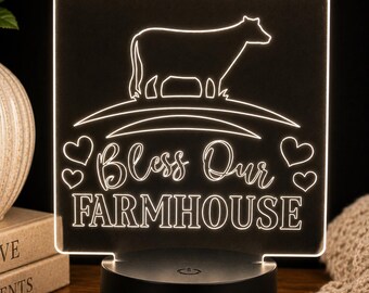 Farmhouse LED Night Light – Bless Our Farmhouse Sign – Rustic Home Decor Gift – Acrylic Cow Farm Lamp for Country Kitchen