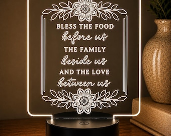 Bless This Food LED Night Light – Kitchen Prayer Decor – Family Blessing Acrylic Lamp – Housewarming Gift Idea
