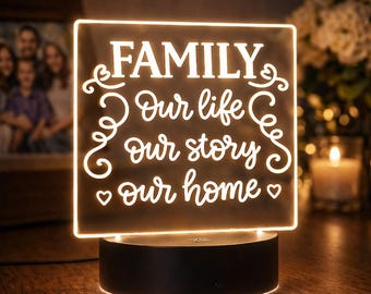 Family LED Light, Personalized Family Name Sign, Engraved Acrylic Night Light, Housewarming Gift, Wedding Gift, Home Decor Light