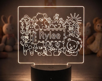 Personalized Animal Kids Night Light, Custom Name LED Nursery Lamp, Baby Room Decor