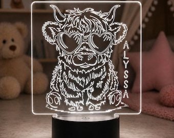 Custom Name Highland Cow Night Light | Personalized LED Nursery Lamp | Cute Baby Girl Room Decor | Unique Kids Gift Idea