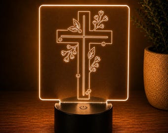 Christian Cross LED Night Light, Floral Faith Acrylic Lamp, Religious Decor Gift, Inspirational Christian Gift for Women Mom Grandma